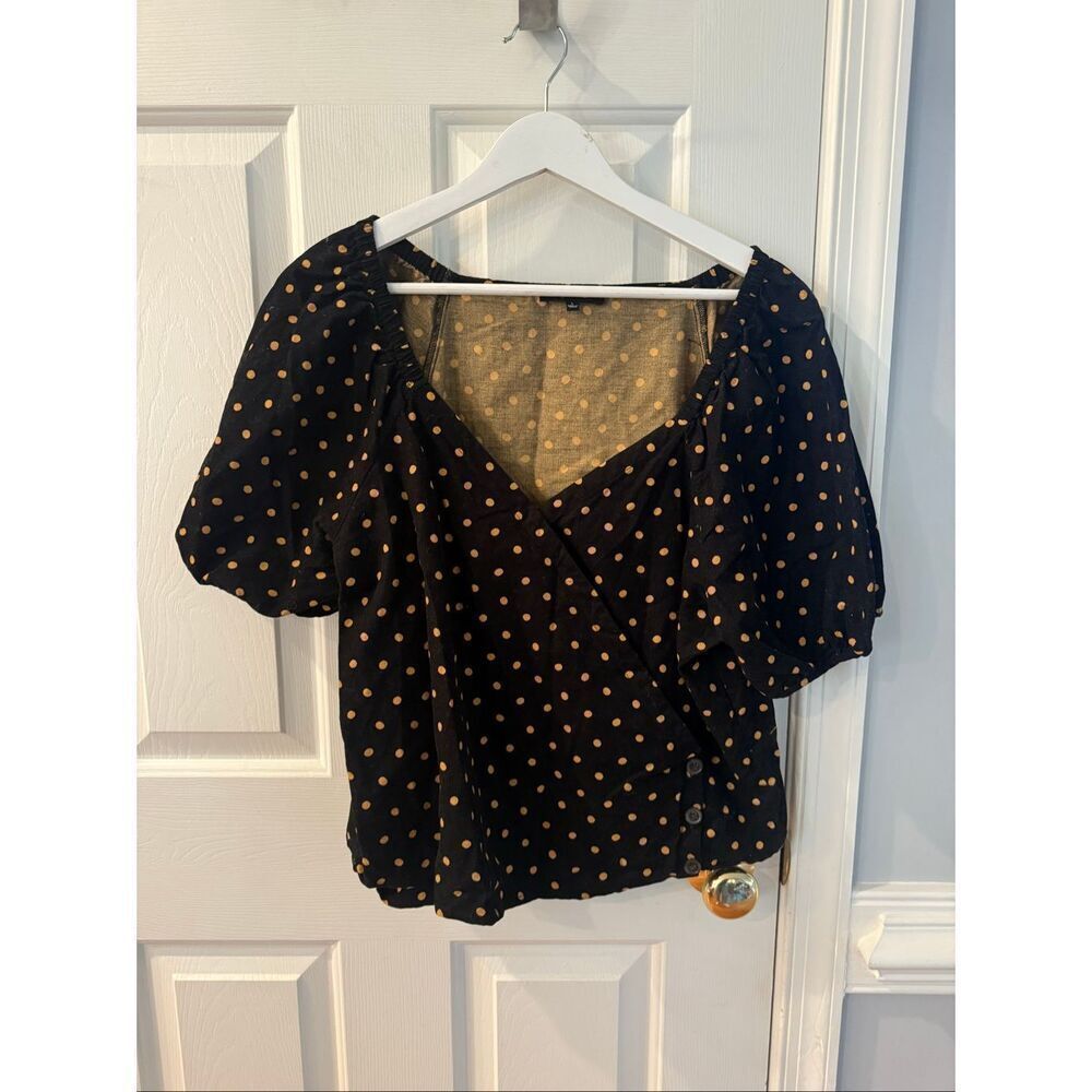 Madewell Corduroy Puff Sleeve Wrap Top in Oval Dot Black & Gold Sz L EUC